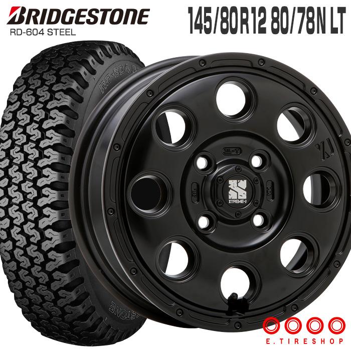 604V 145/80R12 80/78N エクストリームJ KK03 12×4.0 サテンブラック 4本ホイールセット ブリヂストン RD-604  STEEL (145R12 6PR 互換) | LINEショッピング