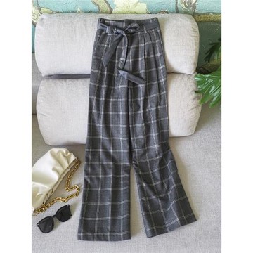 灰色格褲女秋季新款高腰垂感休閑直筒西裝褲格雷系復古闊腿褲344