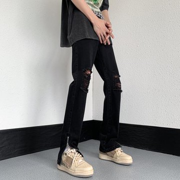 破洞牛仔褲男秋季薄款美式高街vibe江浙滬穿搭痞帥炸街修身直筒褲