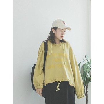寬松百搭字母連帽衛衣女oversize休閑顯瘦抽繩學生短款套頭帽衫韓