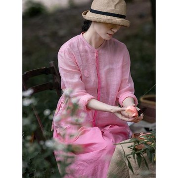 高端襯衣苧麻粉紅色防曬衫輕薄黑色立領長袖純色中式改良寬松女夏