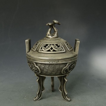 古玩新款十品雜項 白銅鑄造三足鏤空居家熏香爐民俗老物件收藏品