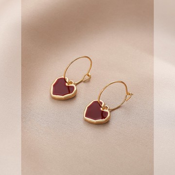 花跡酒紅色滴釉愛心耳圈女韓國簡約氣質個性耳環時尚百搭小耳墜