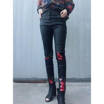 民族風印花燙金彈力加絨打底褲女2025秋冬修身小腿褲時髦百搭長褲