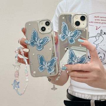 ins爆款 電鍍鏡面 立體刺繡蝴蝶結 高級感珍珠掛鏈 適用於 iPhone 15 14 13 12 11 pro max