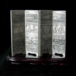 促銷！白銅屏風《琴棋書畫》白銅鍍銀 送底座 古玩/收藏
