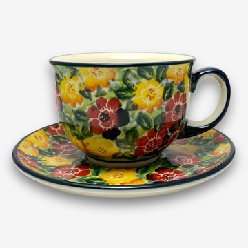 波蘭手繪手工陶-咖啡杯盤組 220ML 富貴紅系列 設計師款