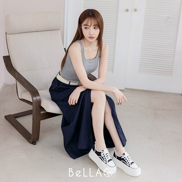 【夏季新品】BeLLA 編織腰帶開岔長裙 藍色