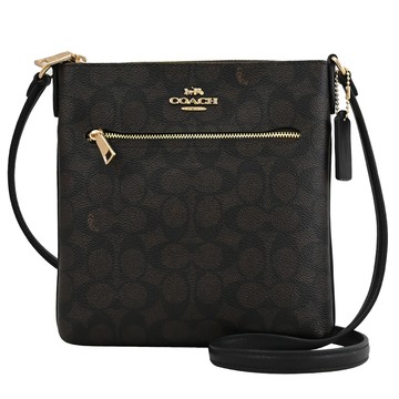 COACH CW325 馬車LOGO印花皮革斜背包.深咖/黑邊