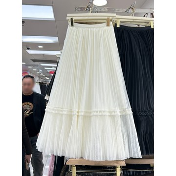 291-660636XX-法式超仙壓褶網紗百褶裙女2026春季新款高腰A字垂感半身裙