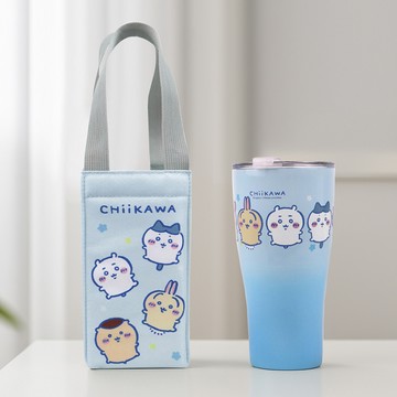 【吉伊卡哇】不銹鋼曲線冰壩杯提袋組900ml 藍