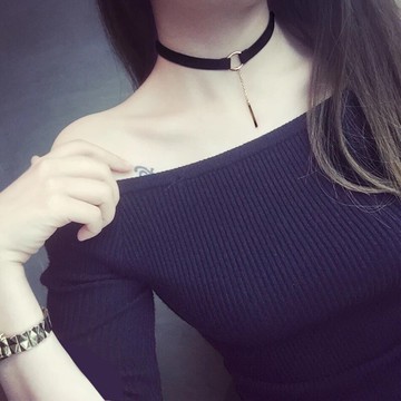 韓國黑色簡約短款頸帶脖子飾品黑繩頸鏈chocker項圈項鏈鎖骨鏈女1入