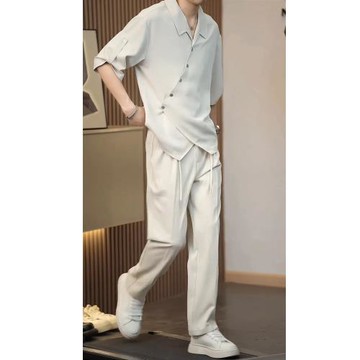 (免運)高級垂感新中式短袖襯衫男夏季潮流設計感冰絲半袖痞帥斜門襟襯衣