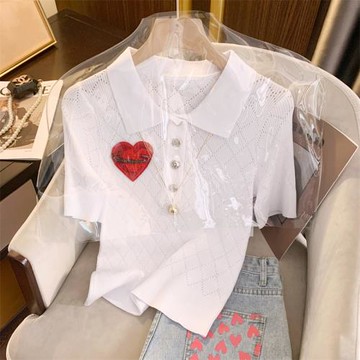 小香風白色Polo領針織衫女修身2025新款顯瘦愛心高級感短袖T恤女