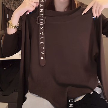 愛依依 長袖T卹 上衣 打底衫 小衫M-2XL 新款吊帶斜肩t卹設計感打底上衣-12291.