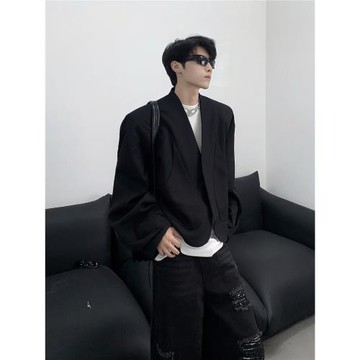 黑滄社/小眾休閑短款無領墊肩西裝外套男秋冬高級感輕奢西服痞帥