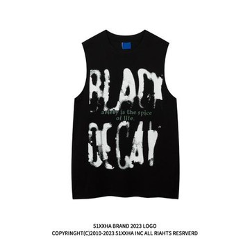 51嘻哈設計感暗黑涂鴉印花純棉無袖T恤男夏季歐美潮牌運動汗背心