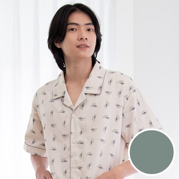 華歌爾睡衣-男士系列 M-LL國民領短袖褲裝(橄欖灰) 居家休閒-純棉印花-LWZ74421FT