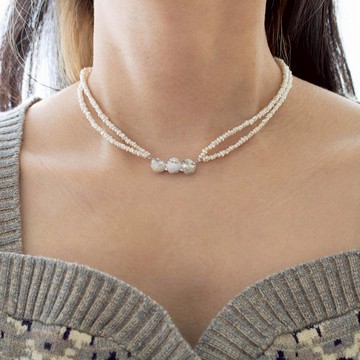 三重雪球雙珍珠項鍊