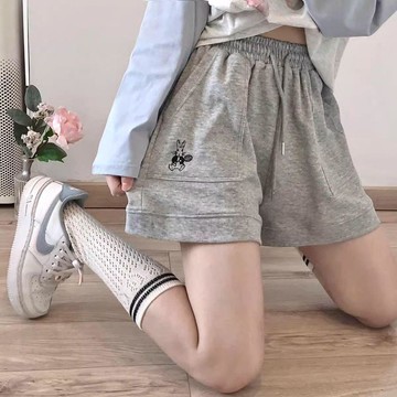 小兔子刺繡高腰寬鬆顯瘦熱褲純色百搭五分中褲闊腿褲休閒運動短褲瑜珈短褲 口袋 瑜珈褲 運動短褲 健身 女生 褲子 防走光
