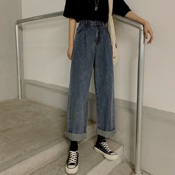 韓版褲子高腰寬松直筒牛仔褲女春季新款百搭顯瘦學生闊腿褲女1入
