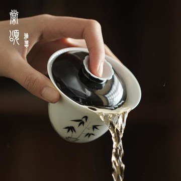 棠頌丨復古釉上彩手繪墨竹三才蓋碗茶杯單個薄胎茶碗家用泡茶器