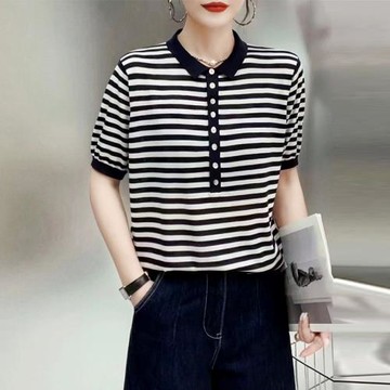 撞色條紋半開扣翻領針織t恤女夏季顯瘦百搭冰絲萊賽爾短袖上衣薄
