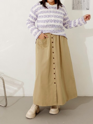 純棉素色造型排釦腰鬆緊長裙