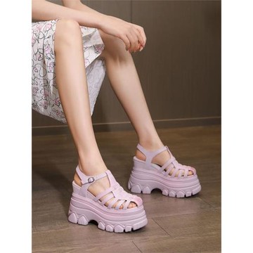 夏季12cm高跟包頭涼鞋女真皮豬籠鞋厚底松糕鏤空小個子坡跟羅馬鞋