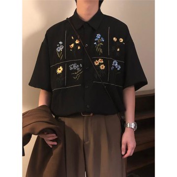 NAGAWL夏季日系復古休閑寬松百搭花卉刺繡華夫格短袖襯衫上衣男女