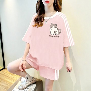 臺階貨物 2025夏季大碼女裝休閑運動套裝胖MM短袖+五分褲顯瘦韓版 女生套裝 貨物套裝 時尚套裝 JC022