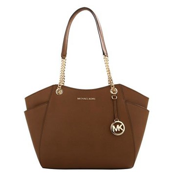 MICHAEL KORS-大MK吊飾防刮金鍊帶肩背托特包(深駝色)