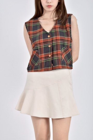 加購優惠(M) 巧木綿格紋背心橘色上衣