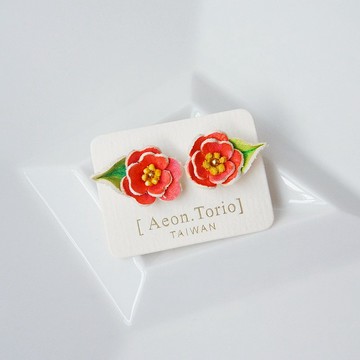 紅色山茶花 皮革耳環/耳針