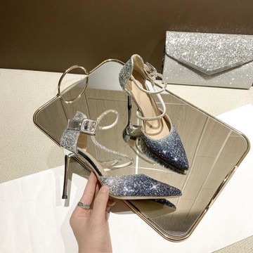 法式少女漸變高跟鞋2025新款亮片水晶婚鞋網紅細跟尖頭百搭宴會鞋
