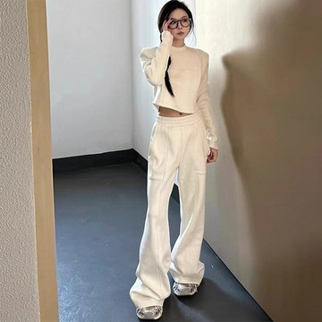 休閑針織衛衣套裝女冬季時尚高級感內搭上衣闊腿衛褲休閑褲兩件套鑫弘-素時衣櫥