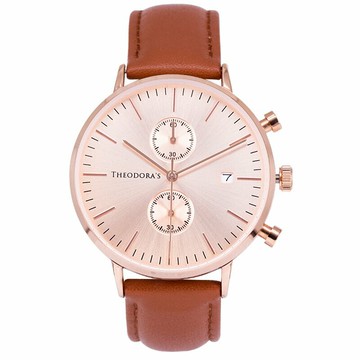 Poseidon 中性雙眼日顯真皮腕錶  雙眼粉膚-真皮橘棕