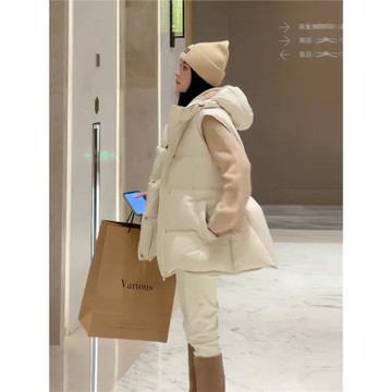 2025秋冬新款外穿馬甲外套羽絨米色連帽輕薄收腰寬松厚外套馬夾女