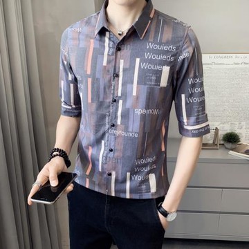 夏季中袖冰絲襯衫絲滑垂感七分袖襯衣不規則印花潮流中袖薄款小衫