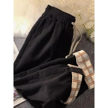 黑色燈芯絨闊腿褲女春秋裝薄款胖mm大碼寬松顯瘦高腰松緊休閑長褲