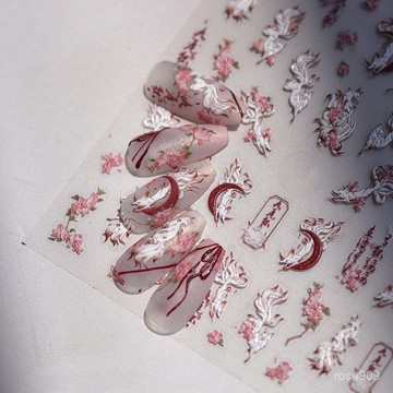 ✨Hannah✨新中式國風潔白九尾狐美甲貼紙浮鵰桃花小狐狸僊氣狐狸指甲裝飾貼美甲貼 989H