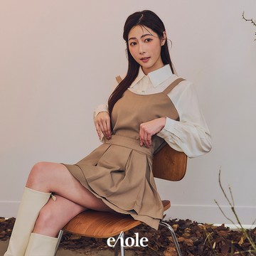 假兩件襯衫壓褶短裙SET-奶茶