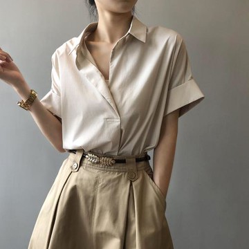 【LANNI 藍尼】★氣質純棉寬鬆套頭襯衣(女上衣/短袖/襯衫)