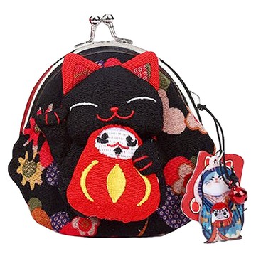 Sayaka 紗彌佳 口金包 日本開運福氣可愛招財貓造型零錢包  9 x 9cm  黑色