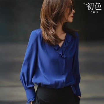 初色 通勤風純色V領長袖木耳邊排釦襯衫上衣女上衣-藍色-18090(M-2XL可選)