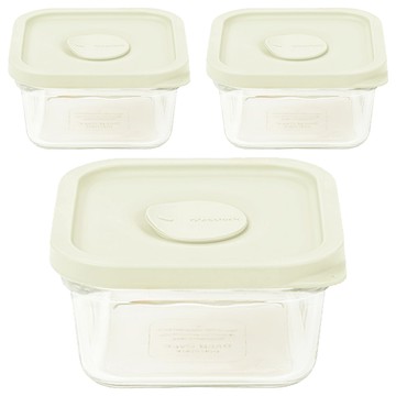 Glasslock 微波專用方形玻璃保鮮盒  奶黃色 440ml  3個