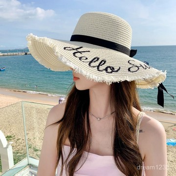 海邊度假🌟 韓版新款帽子女時尚字母大帽簷透氣草帽沙灘防曬遮陽帽夏季太陽帽沙灘帽 防曬帽