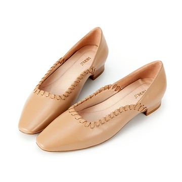 零碼全真皮手工編織滾邊小方頭低跟鞋 裸粉色