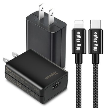 topcom pd3.0+qc3.0快速充電器tc-s300c黑+耐彎折c to l pd急速快充線