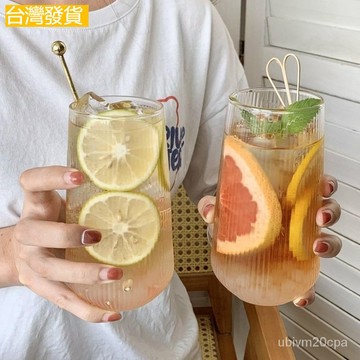 台灣出貨 ins風玻璃杯飲料杯 豎紋牛奶杯 家用冰咖啡杯果汁杯 透明玻璃大容量單層杯 家用早餐杯 夏季高硼硅玻璃杯家用杯